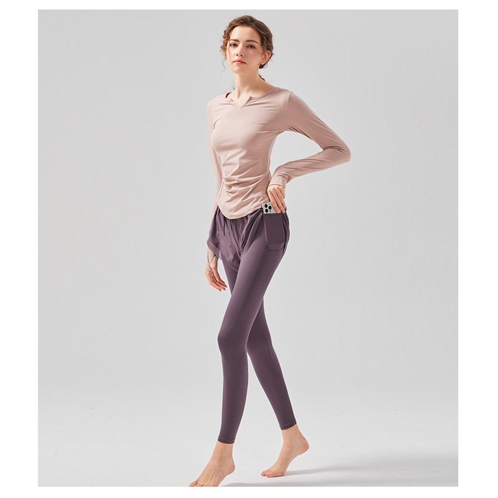 New Style Sports Suit, Casual Running Fitness Sports Tight Pants, Nude Quick-dry Fake Two-piece Long-sleeved Suit For Women