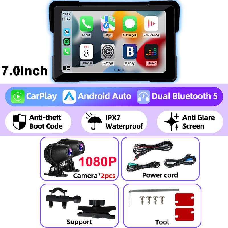 7” Motorcycle GPS Navigation Waterproof Wireless Carplay Android Auto Display Screen Portable Motorbike Moto Monitor DVR Dual BT