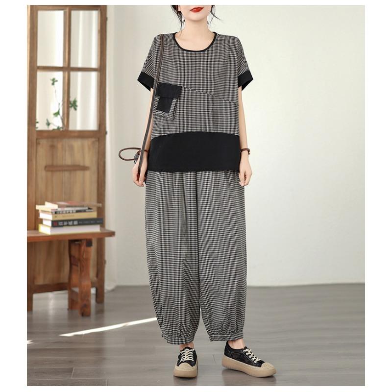 DIMANAF 2026 Plus Size Pants Suits Women Sets Suits Summer Vintage Loose Tops Shirts Long Pants Cotton Linen Casual Black