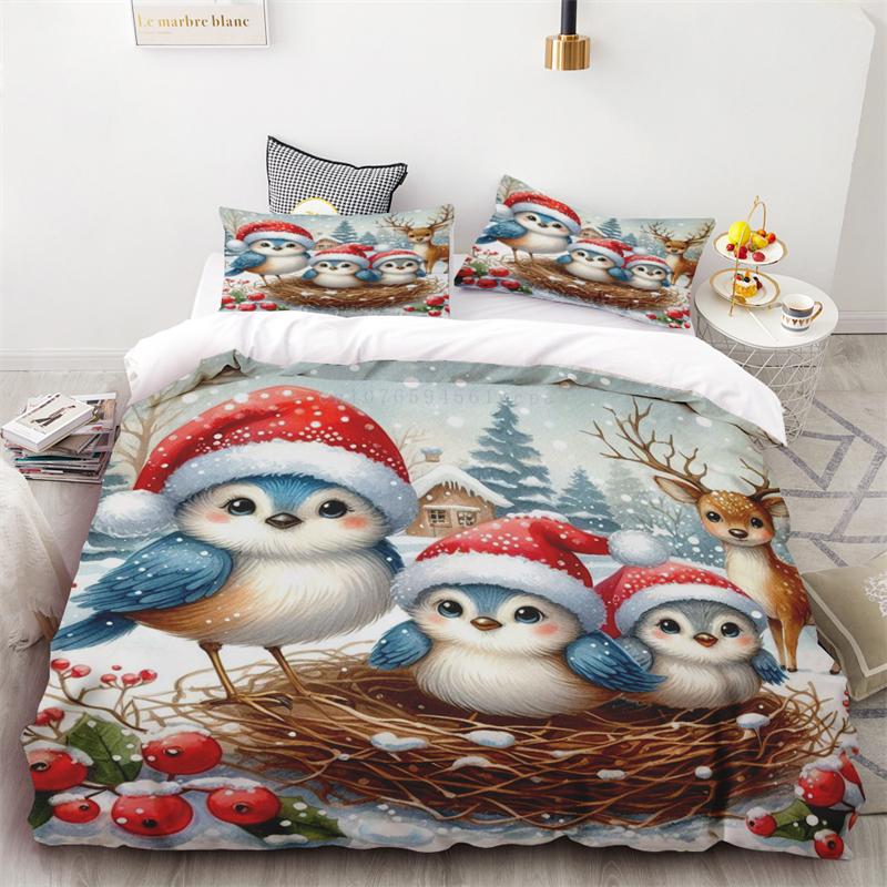 New Style Duvet Cover Christmas Snowman Flower Three-piece Set One Quilt Cover Two Pillowcases Single Double Bed Queen King