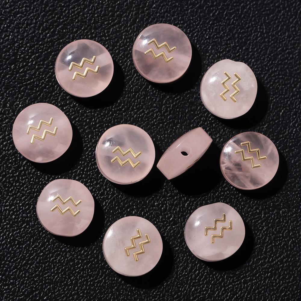 5pcs 8MM Pink Natural Rose Quartz Flat Round 12 zodiac signs constellation Stone Charms For DIY Making Jewelry