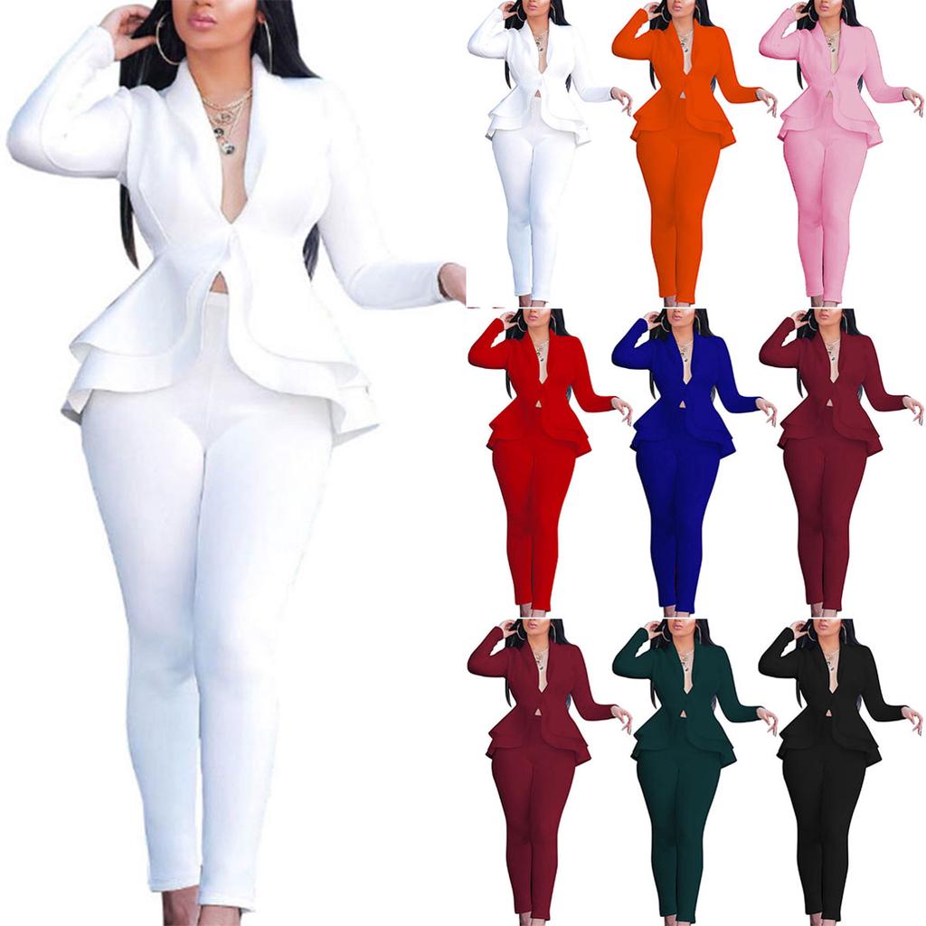Women's Lapel Long Sleeve Ruffle Peplum Blazer Skinny Pants 2 Piece Business Suit Set 2022 Fall Office Tracksuit