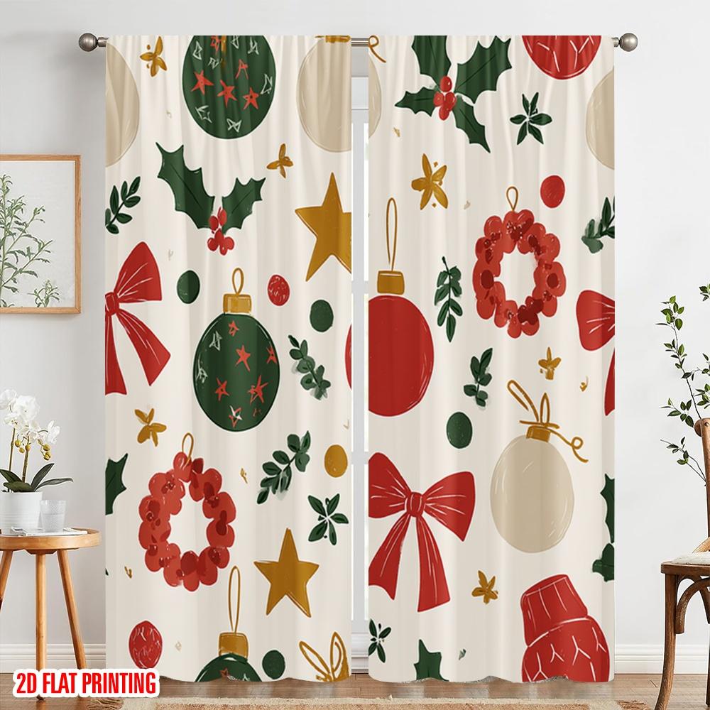 2pcs,2D plane printing Pattern Curtains Christmas ornament1 Polyester Fabric (without rod) Home Decor Use for Living Room &
