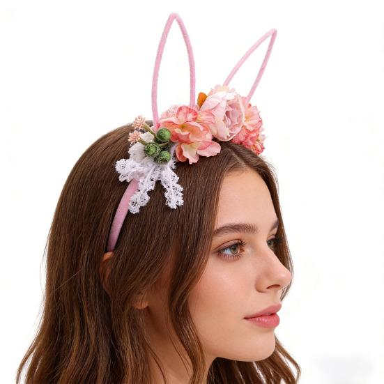 Hair Hoop Flower Decor Bunny Ears Design Headband Cosplay Birthday Photography Props Easter Party Headgear