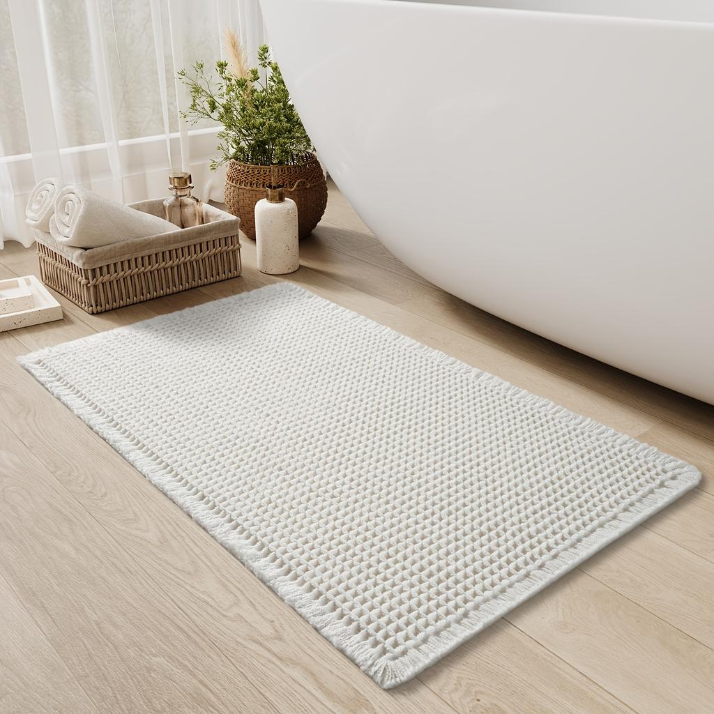 Ultra-Absorbent Waffle Bath Mat - Non-Slip, Machine Washable with Tassels, Rubber Backed Polyester Blend Rug for Bathroom Floor