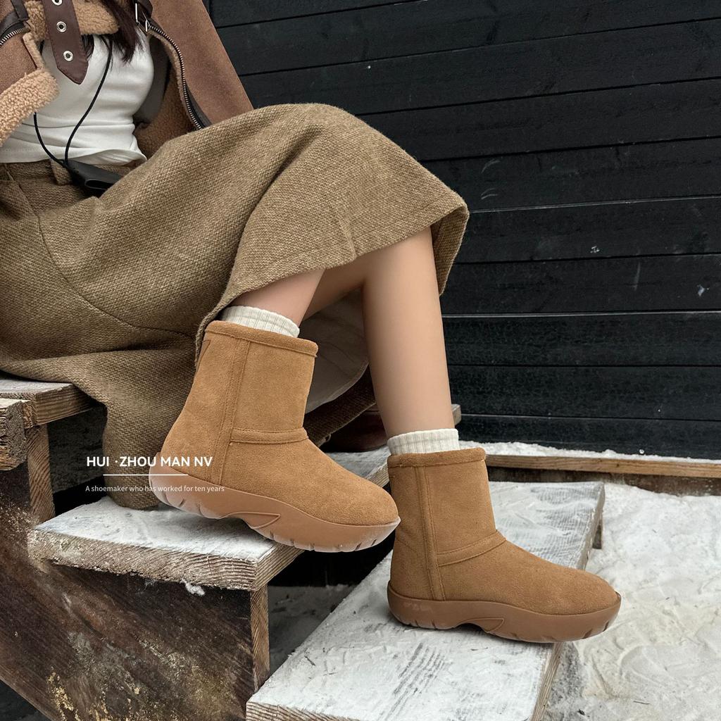 Leather retro thick-soled snow boots women's 2025 winter new versatile velvet thickened warm casual mid-tube cotton boots
