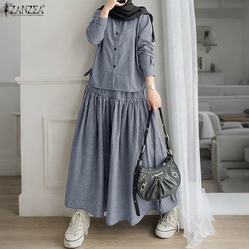 ZANZEA Women Long Sleeve Blouse and Long Skirts Plaid Print Two Piece Suit Sets