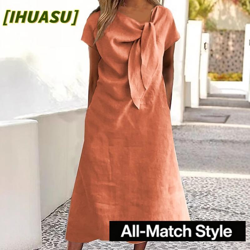 IHUASU Fashion Spring Autumn Solid Color Print Short Sleeve Casual Dresses