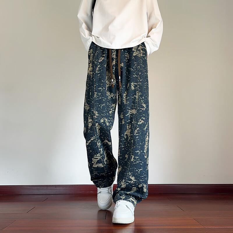 Wassup Sohot Men's American Jacquard Straight Loose Jeans