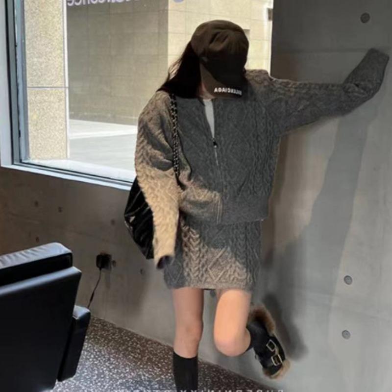 Autumn and winter new loose twist lazy jacket soft waxy hip skirt knitted zipper sweater cardigan suit women