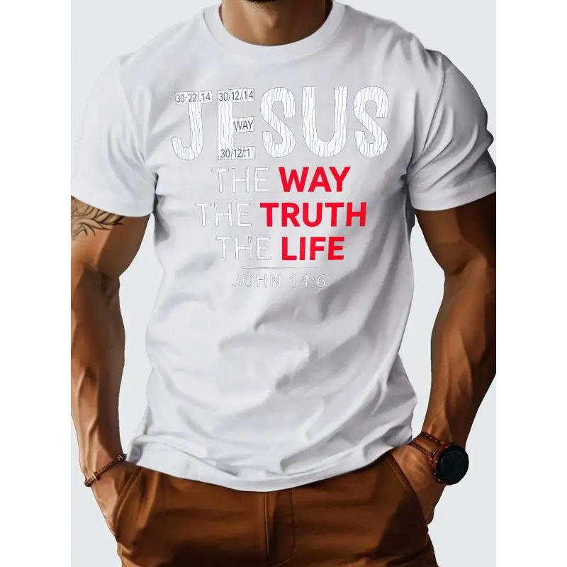 European Sizes Mens Clothes, T Shirts for Men, Casual Style Design with Print, Fabric, Jesus The Way The Truth The Life Christian Graphic T-Shirt