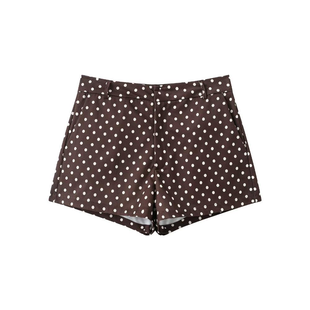 Women's High Neck Long Sleeve Polka Dot Jacket Loose Fit Two Piece Matching Mini Shorts Set Streetwear Spring Outfit