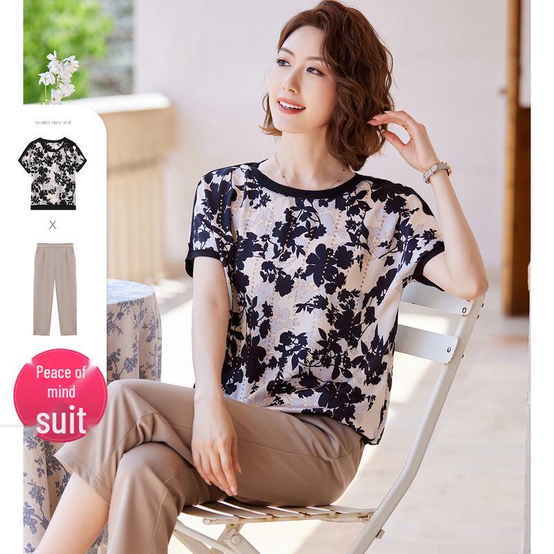 

Pastel Women s Floral Print Summer Short Sleeve Top & Pants Set 3XL