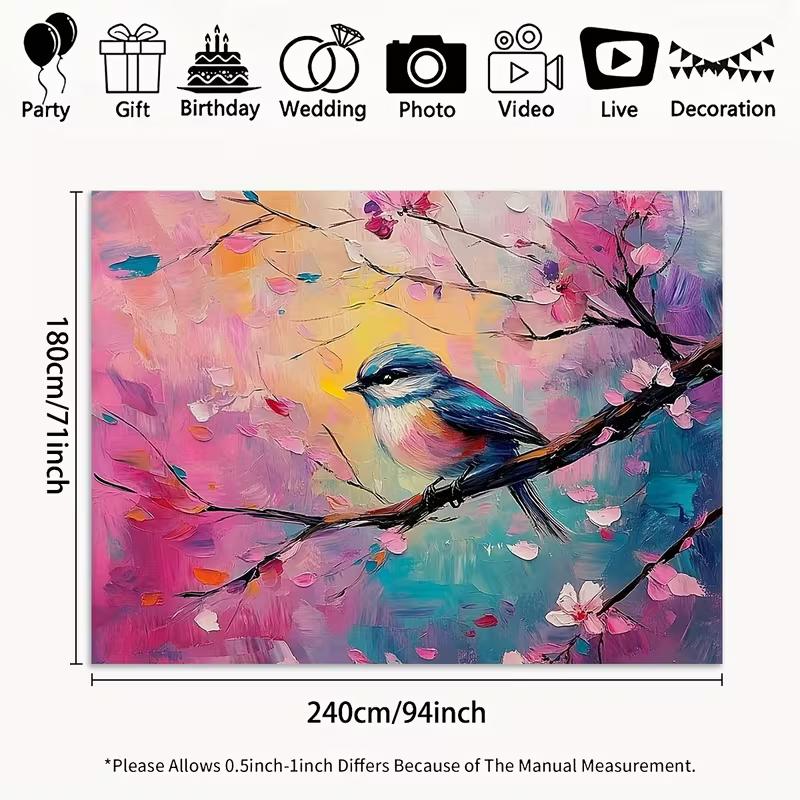 2D Blossom Branch Bird Backdrop, Artistic Spring Garden Photo Background