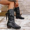 Western Shoes for Women Versatile Chunky Heel Ankle Boots Knee High Red Black Tall Boots Woman Pleated Low Heel Women's Boots