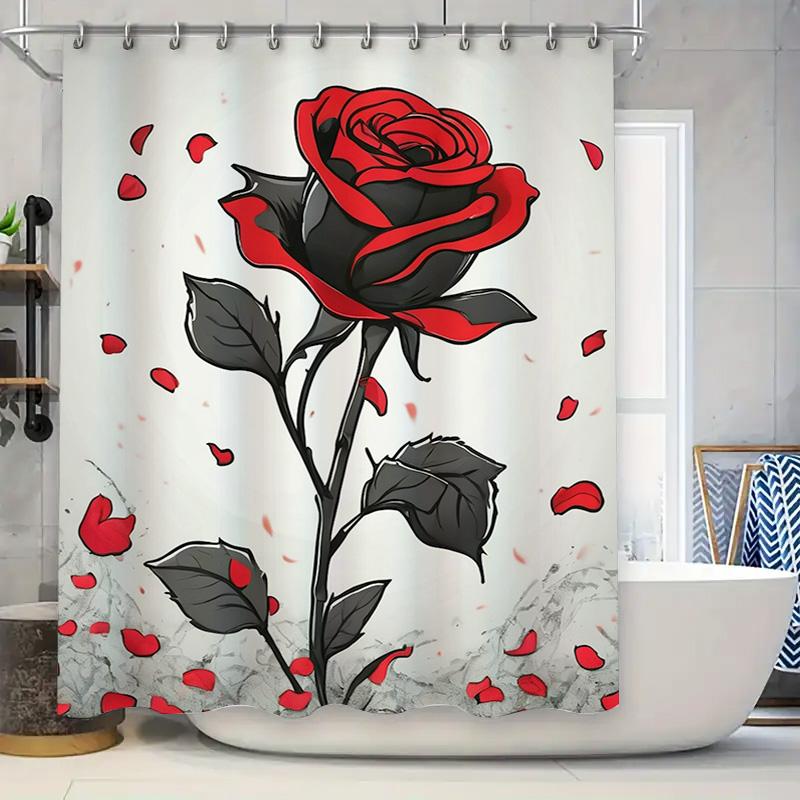 Stylish Red Rose Shower Curtain - Modern Monochrome Floral Design For A Waterproof And Unique Bathroom Dcor Set