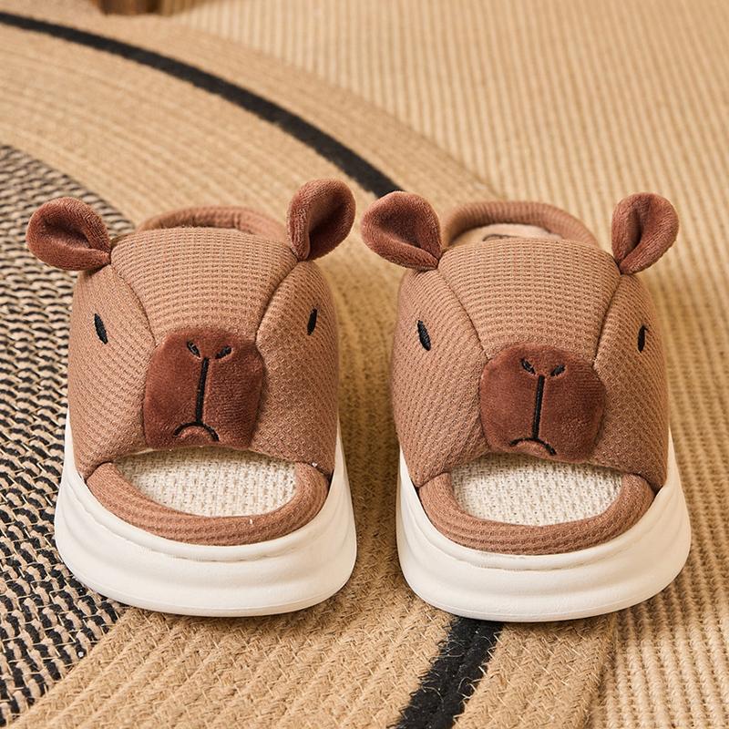 

Модные милые мультяшные животные льняные тапочки женские домашние с открытым носком на платформе льняные шлепанцы женские весенне-осенние легкие нескользящие тапочки Mujer 44-45 коричневый