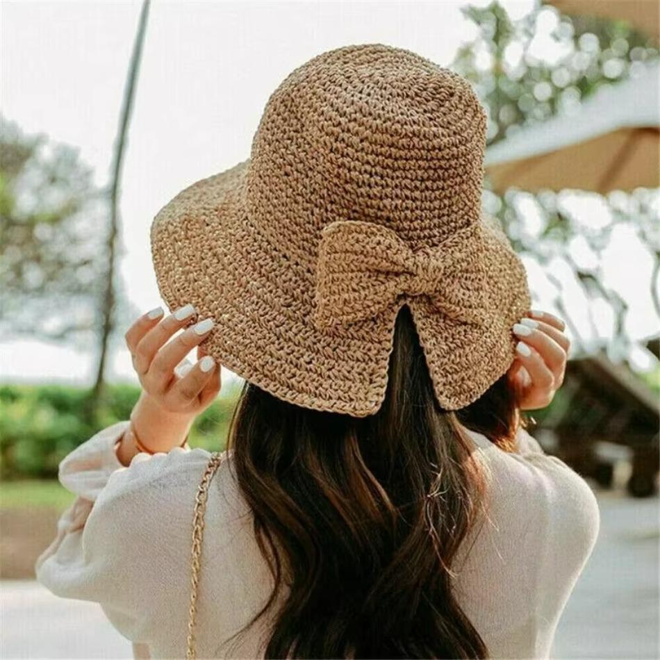 1 Pcs New Sun Sunshade Hat for Women Folding Bow Japanese Artistic Resort Beach Straw Weaving Hat