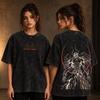 Oversized Vintage Manga Art T Shirt, Front Minimal Print Back Circle Framed Demon Print Tee, Casual Unisex Anime Top