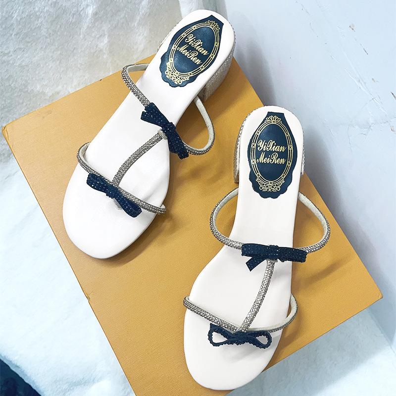 New fairy rhinestone sandals summer new bow T-strap toe high-heeled sandals