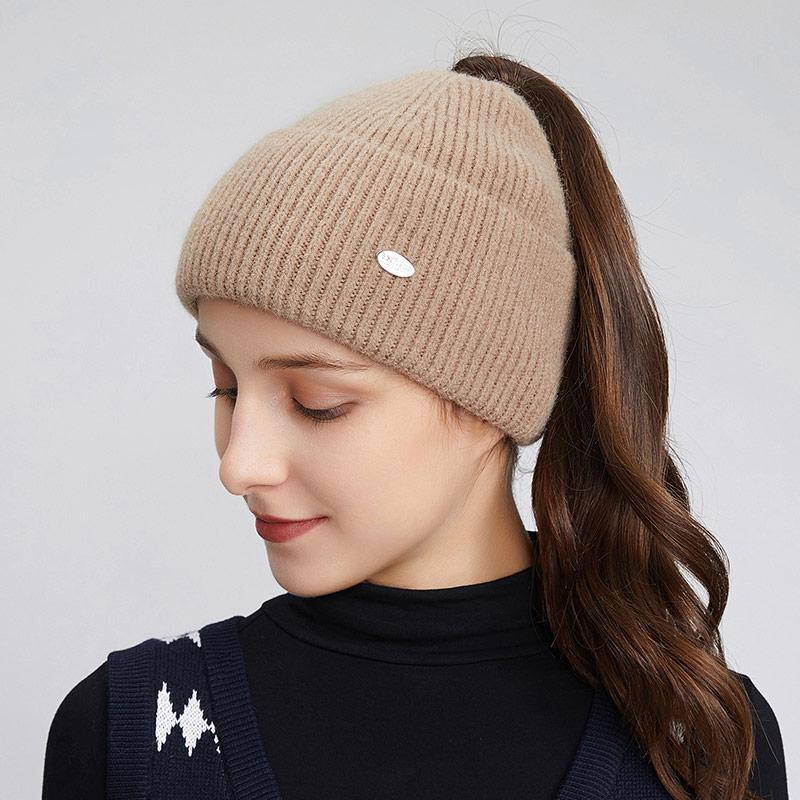 A Women's Knitted Hat with Exposed Braids, Autumn and Winter Thick Ear Protection Hat, Women's High Ponytail Braid