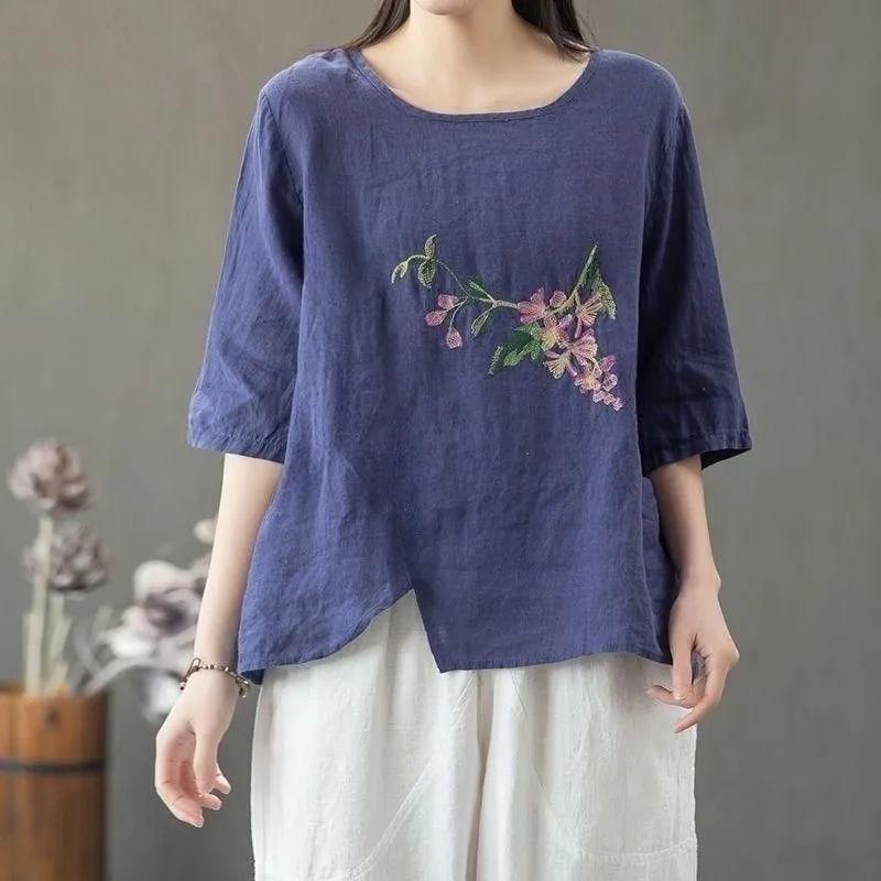 Women's Summer Artistic Loose Chinese Ethnic Style T-shirt Thin Embroidered Comfortable Top
