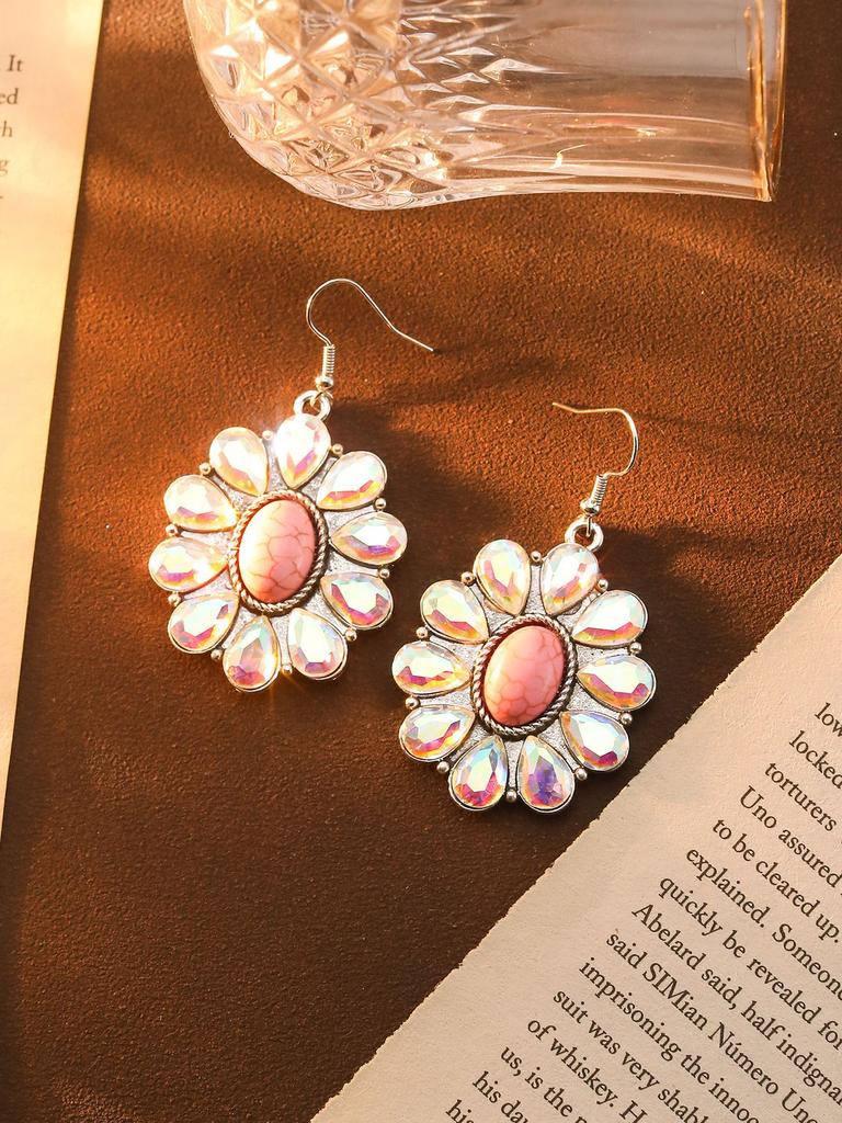 Creative Colored Diamond Earrings, High-End Retro Turquoise Flower Earrings, Bohemian Fashion Earrings.