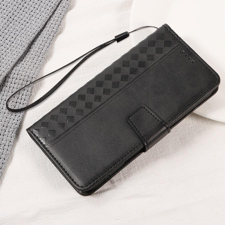 Solid Color Luxury Embossed Geometric Card Holder Wallet Case for iPhone/Samsung/Xiaomi Magnetic Buckle Phone Case Hand-strap Flip Cover
