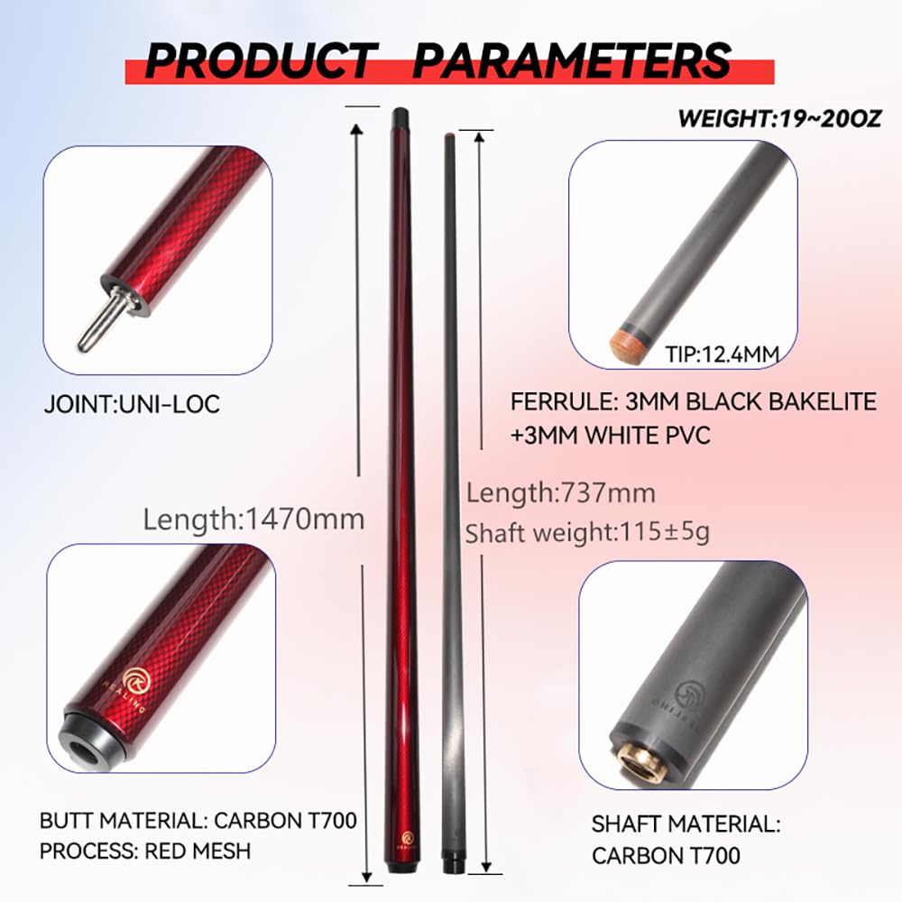 OKHEALING Gelenk Queue aus Kohlefaser mit Spitze 58 Zoll 19-20oz 1/2 12.4mm (Abspielen) (Uniloc)