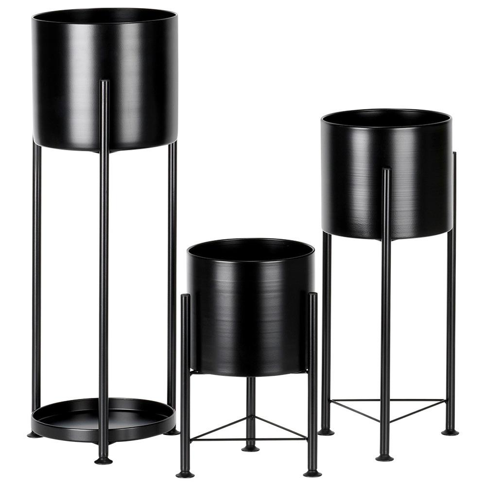 3x Blumentopf Pflanzgefäß Metall Schwarz Übertopf auf Ständer Beinen Pflanzen