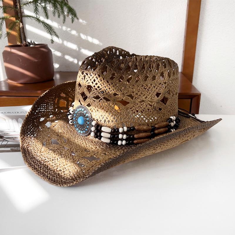Hollowed-out straw knight hat for women, summer ethnic style sun protection hat, western cowboy straw hat, men's sun hat
