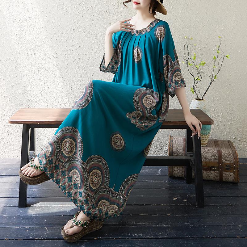 

DIMANAF New 2025 Plus Size Summer Dress Women Basic Printing Casual Short Sleeve Dress Loose Long Dress One Size зелёный