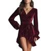 Women Velvet V Neck Tie Waist Long Sleeve Ruffle Hem Short Dress