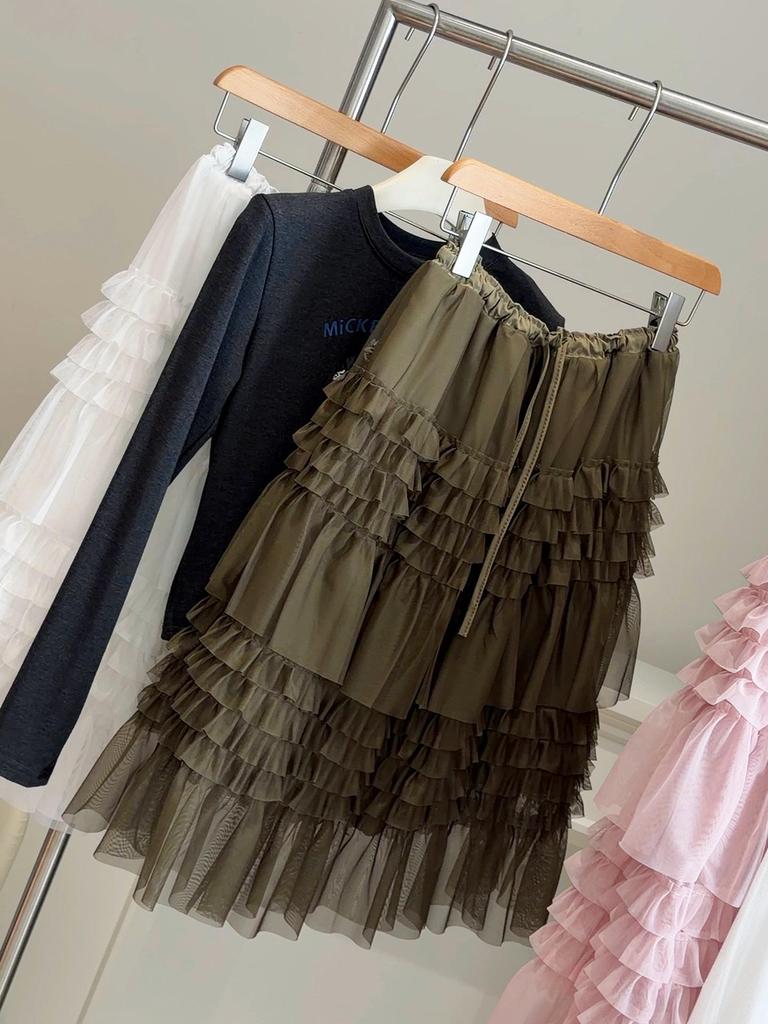 Korean Style Layered Lace Midi Skirt with Elastic Waist - Spring Fluffy Gauze Skirt for Women