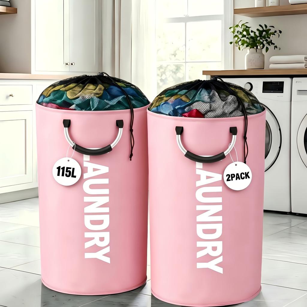 2-Pack Oxford Fabric Foldable Laundry Baskets, 25.1gal/30.38gal Clothes Storage Bins with Drawstring Closure and Ring Handles
