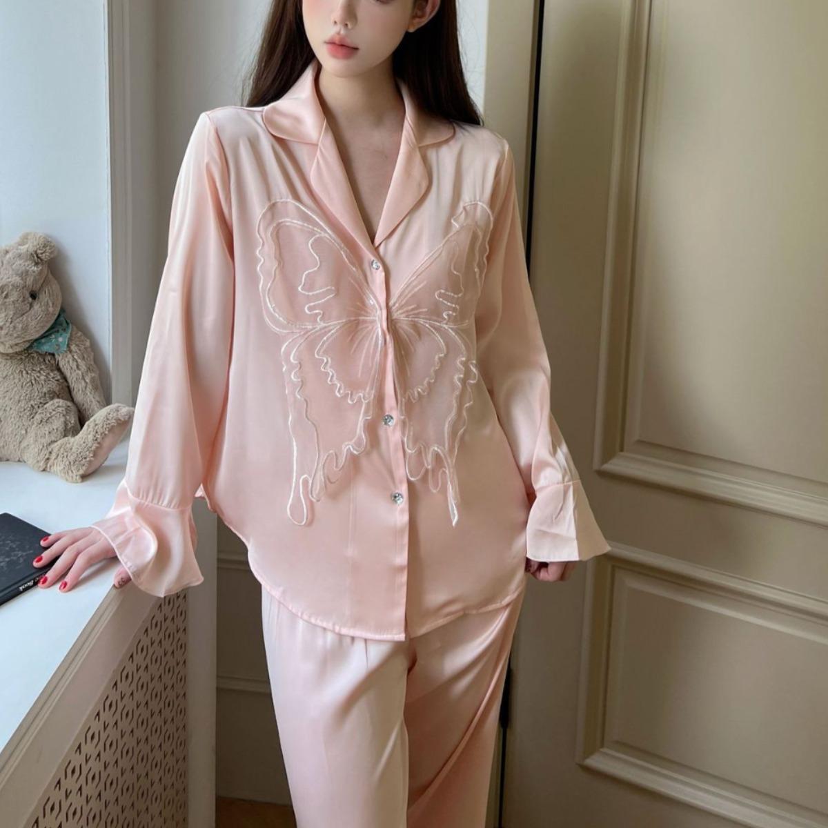

Sweet and pure butterfly explosion pajama set women s ice silk long-sleeved trousers loungewear new temperament pajamas Korean style XL