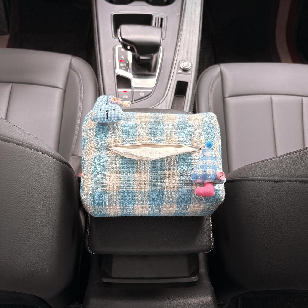 Cartoon Bear & Bunny Plaid Tissue Box for Car Seat Back, Armrest, or Sun Visor