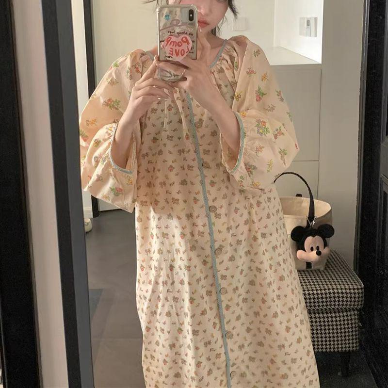 

Женская пижама в корейском стиле с цветочным принтом: Весенне-осенняя ночная сорочка/домашняя одежда с длинным рукавом XXL