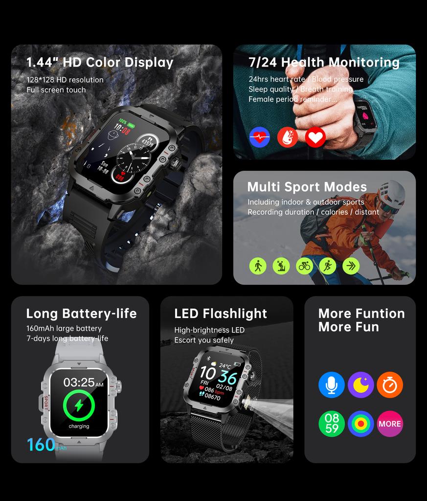 New Military Smart Watch Men IP67 3ATM Outdoor Sports Fitness Tracker Health Monitor 1.44Inch BT Call Smartwatch