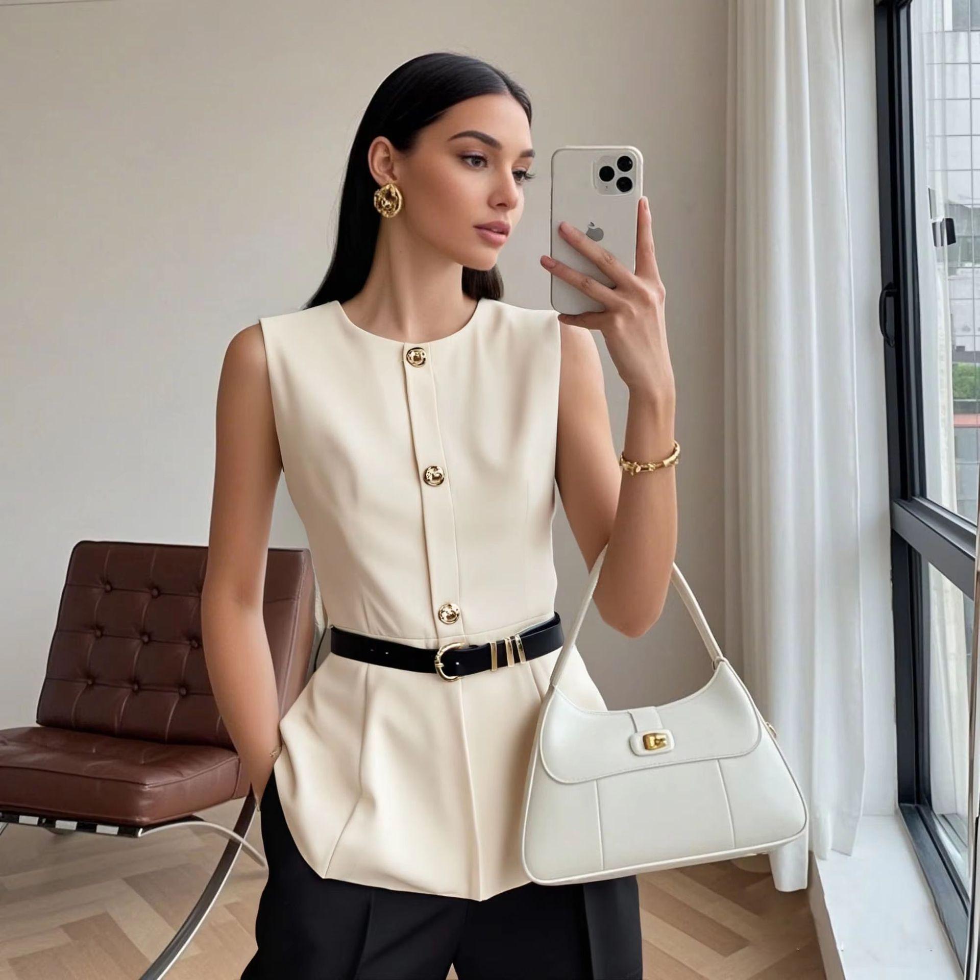

Spring/Summer 2025 Women s Slim Fit Vest with Belted Waist and Round Neck Medium