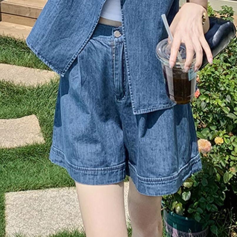 Trendy Petite Women's Denim Suit: Vest Tank & Shorts 2-Piece Set for Summer Casual Wear