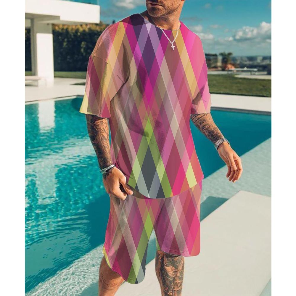 Summer Fashionable Men's Striped Style 3D Two-piece Set Street Casual Fashion Breathable Comfortable Sports Loose Large Size Sports Wear