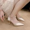 Brand Design Pearl Chain Ankle Strap Pumps Women 2025 Summer Sexy Pointed Toe High Heel Dress Shoes Luxury Glitter Wedding Pumps
