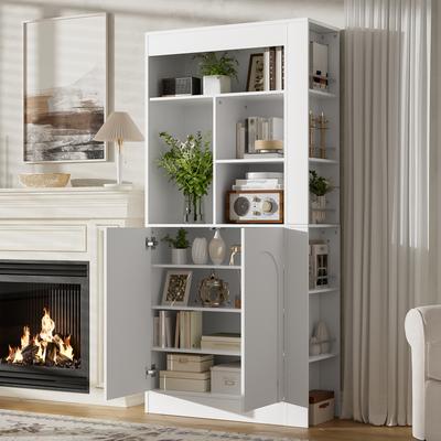 Modern Tall Cabinet with Open Shelf, 2 Doors and Side Storage Compartments, for Living Room, Dining Room, Study and Bedroom, White, 85×35×180cm