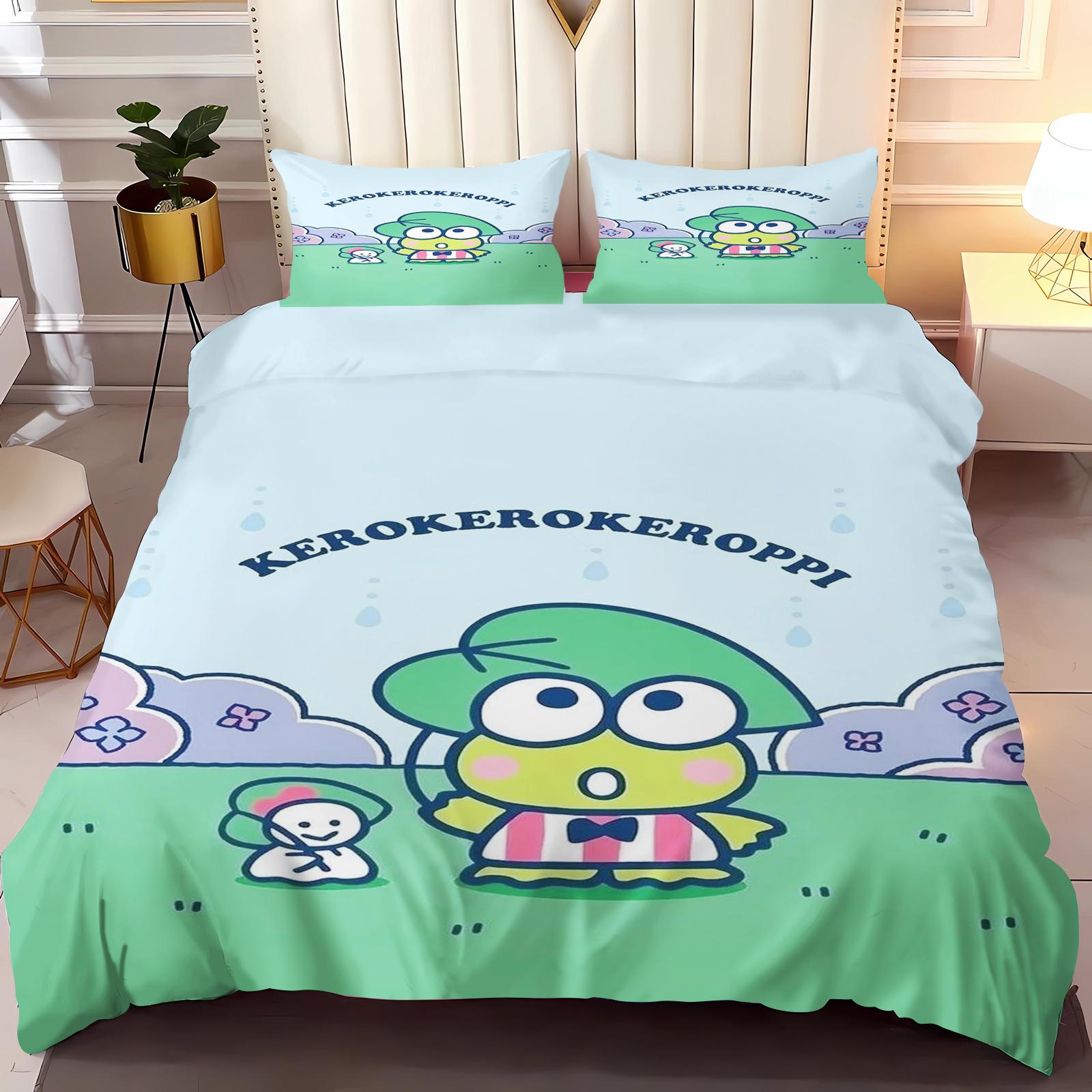 

Sanrio Kero Kero Keroppi Anime, Home Bedroom Comforte Nordic polyester material, suitable for children and adults, 3-piece set 135x200cm