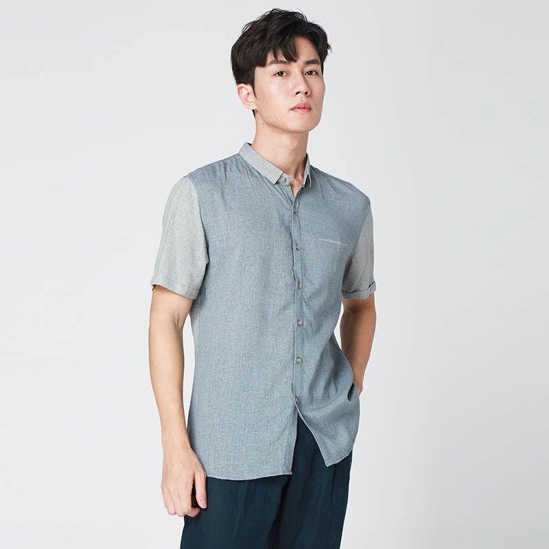 Menseye Panel Contrast Color Casual Square Collar Lightly Mature Short Sleeve