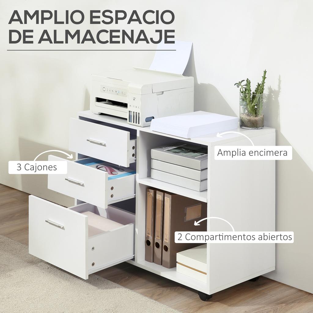 Office Cabinet for Printer, 3 Drawers, Shelves, Wheels, 80 x 40 x 65 cm, White
