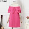VONDA Women Summer Off-Shoulder Solid Color Ruffled Short-Sleeve A-Line Dresses