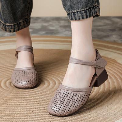 First Layer Cowhide Summer New Middle Heel Women's Sandals Beef Tendon Sole Soft Sole Breathable Non-slip Leather Hollow Mother Shoes