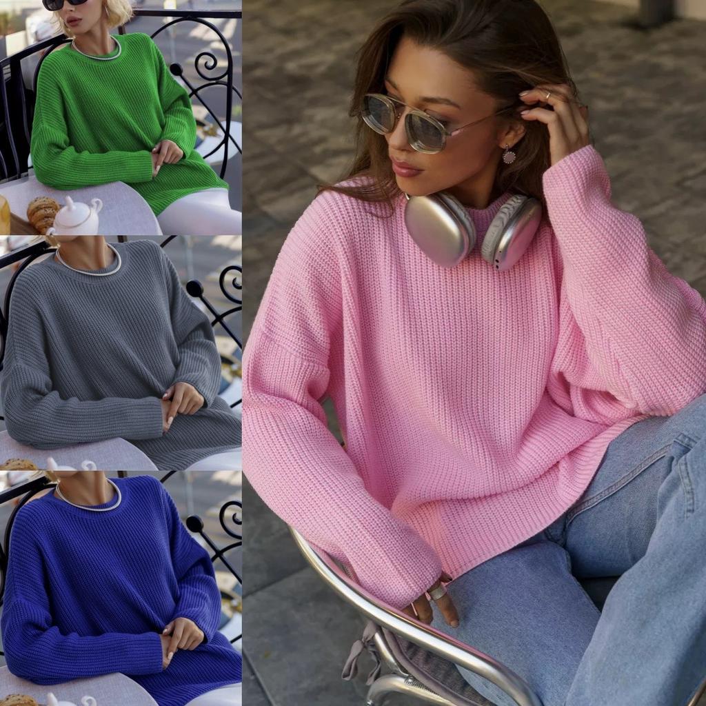 Einfarbiger Rundhals-Pullover Herbst Lockerer Strickpullover Ins Pullover Pullover Damen